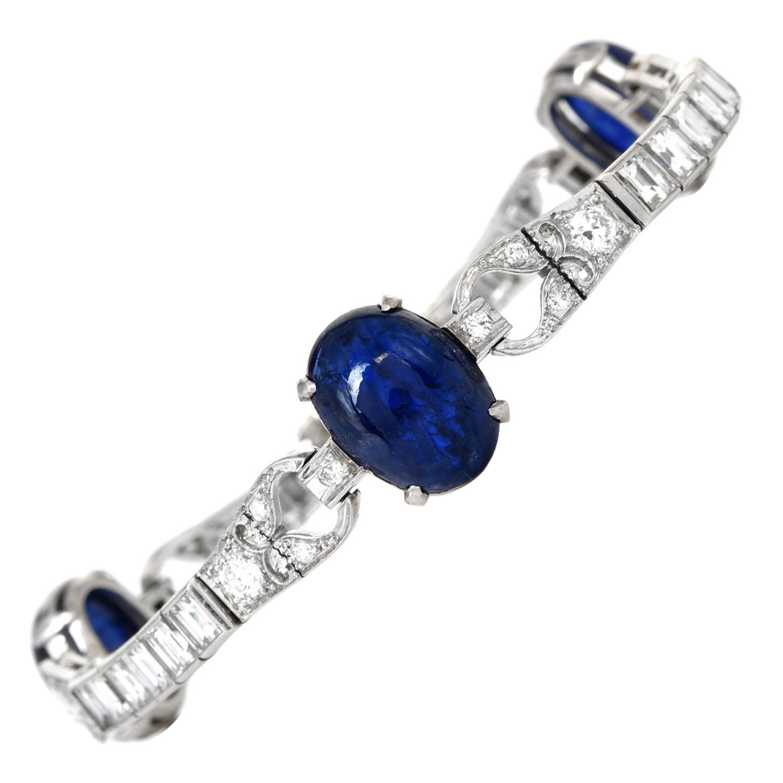 Antique Diamond 28.90cts Blue Sapphire Platinum Geometric Link Bracelet For Sale