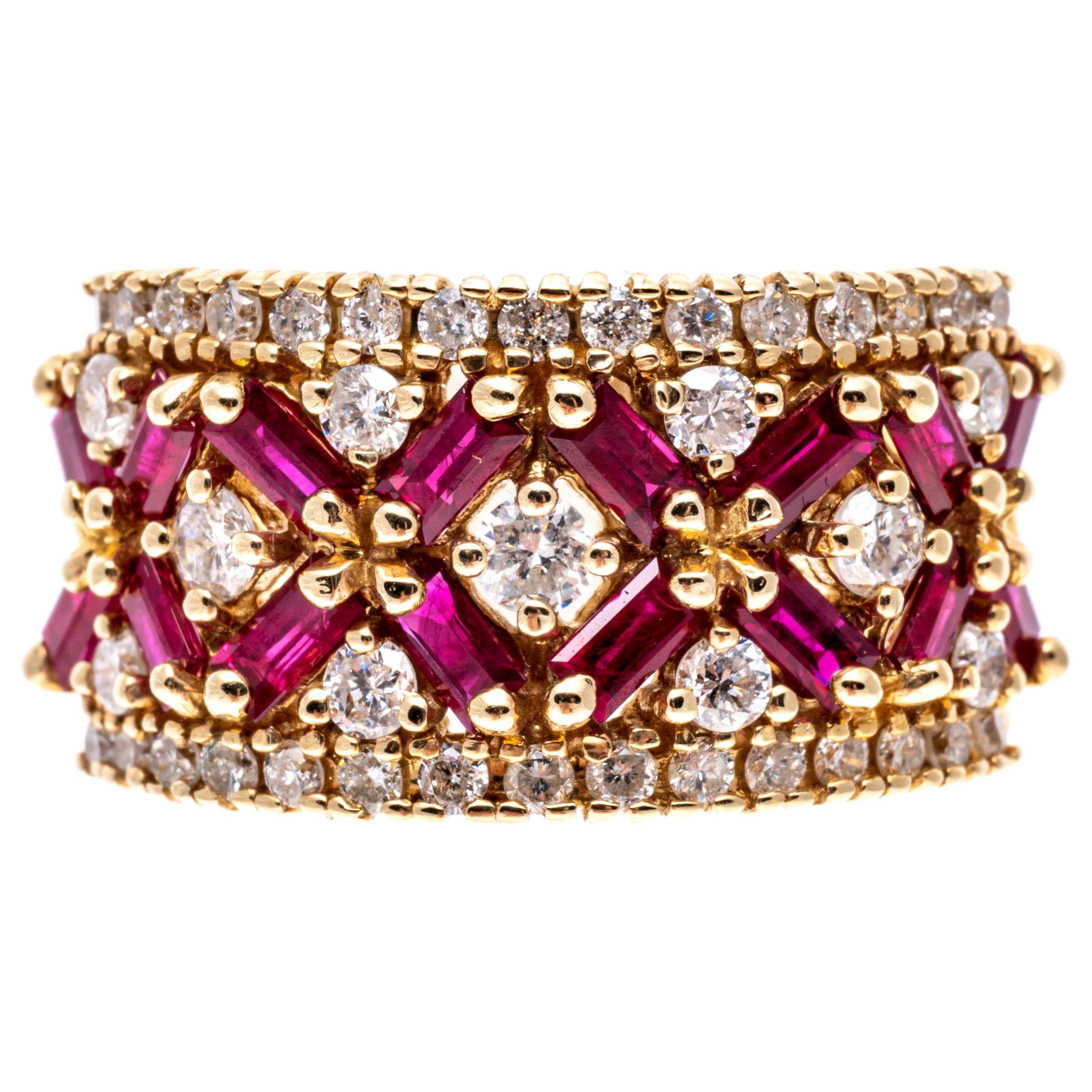 14k Yellow Gold Ultra Wide Ruby and Diamond "XO" Ring For Sale