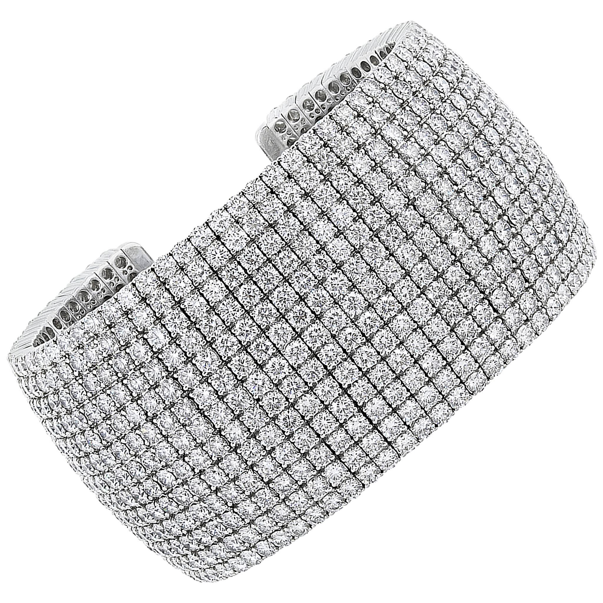 Stunning 52.61 Carat Diamonds Gold Cuff Bracelet For Sale