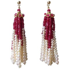 Pearl and Ruby Faceted Beaded Tassel Earrings with 14 Karat Yellow Gold Studs