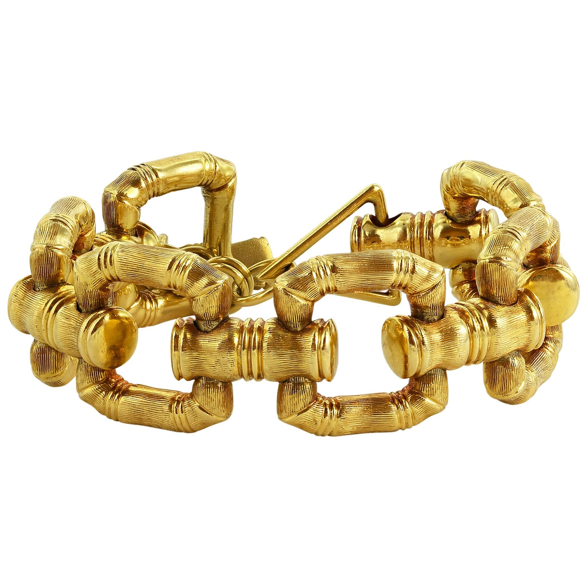 Gold Bamboo Style Link Bracelet  For Sale