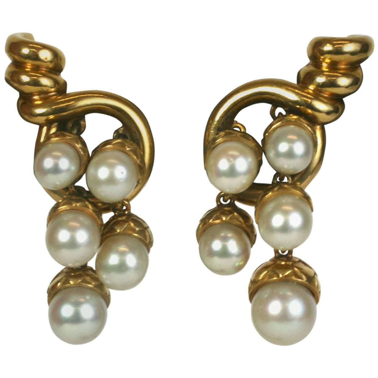 French Pearl Acorn Cornucopia Earrings, attrib. Boivin
