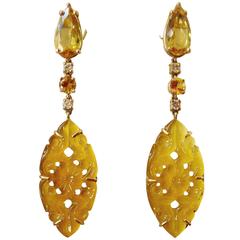 Golden Beryl Yellow Sapphire Yellow Onyx Diamond Gold Dangle Earrings