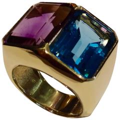 Blue Topaz Amethyst Gold Ring 12