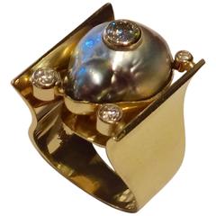 Baroque Tahitian Pearl Diamond Gold Ring Baroque Tahitian Pearl Diamond Gold Ring