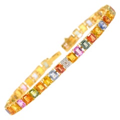 18 Karat Gold 19.56 Carats Rainbow Multi-Sapphire and Diamond Tennis Bracelet