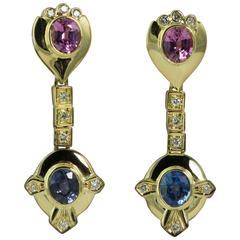 Pink and Blue Sapphire Diamond Gold Drop Earrings