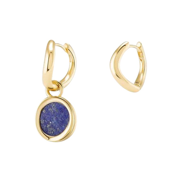 Boomerang Mini Hoops 18k Solid Gold with Lapis Lazuli on One Hoop For Sale