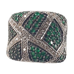 Emerald and White Diamonds in Chessboard Design in 18 Karat White Gold Ring