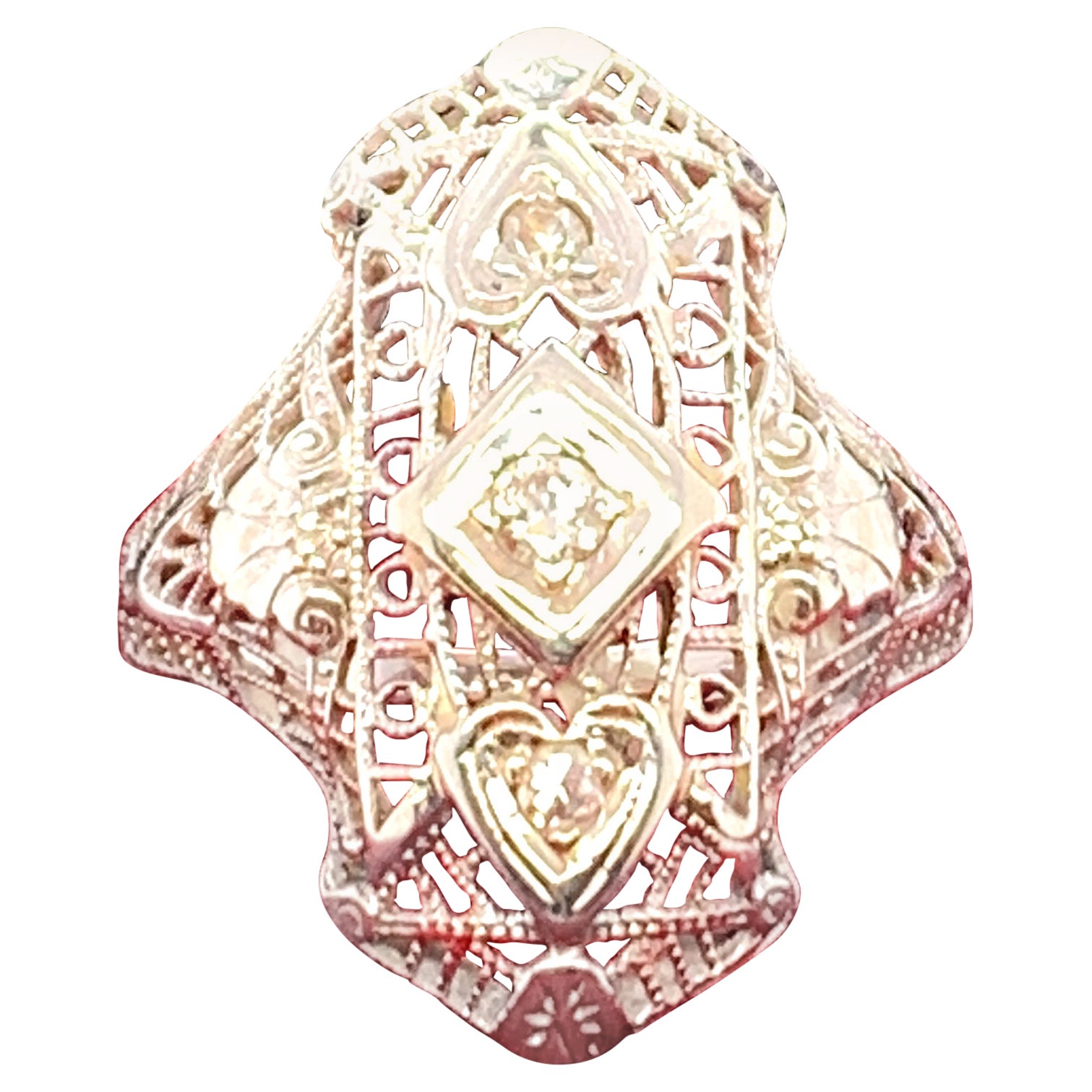 Art Deco 18K White Gold Diamond Shield Ring For Sale