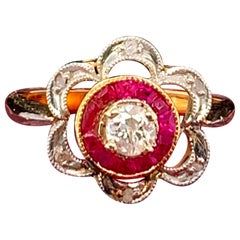 Art Deco 14K Yellow Gold Ruby & Diamond Target Engagement Ring
