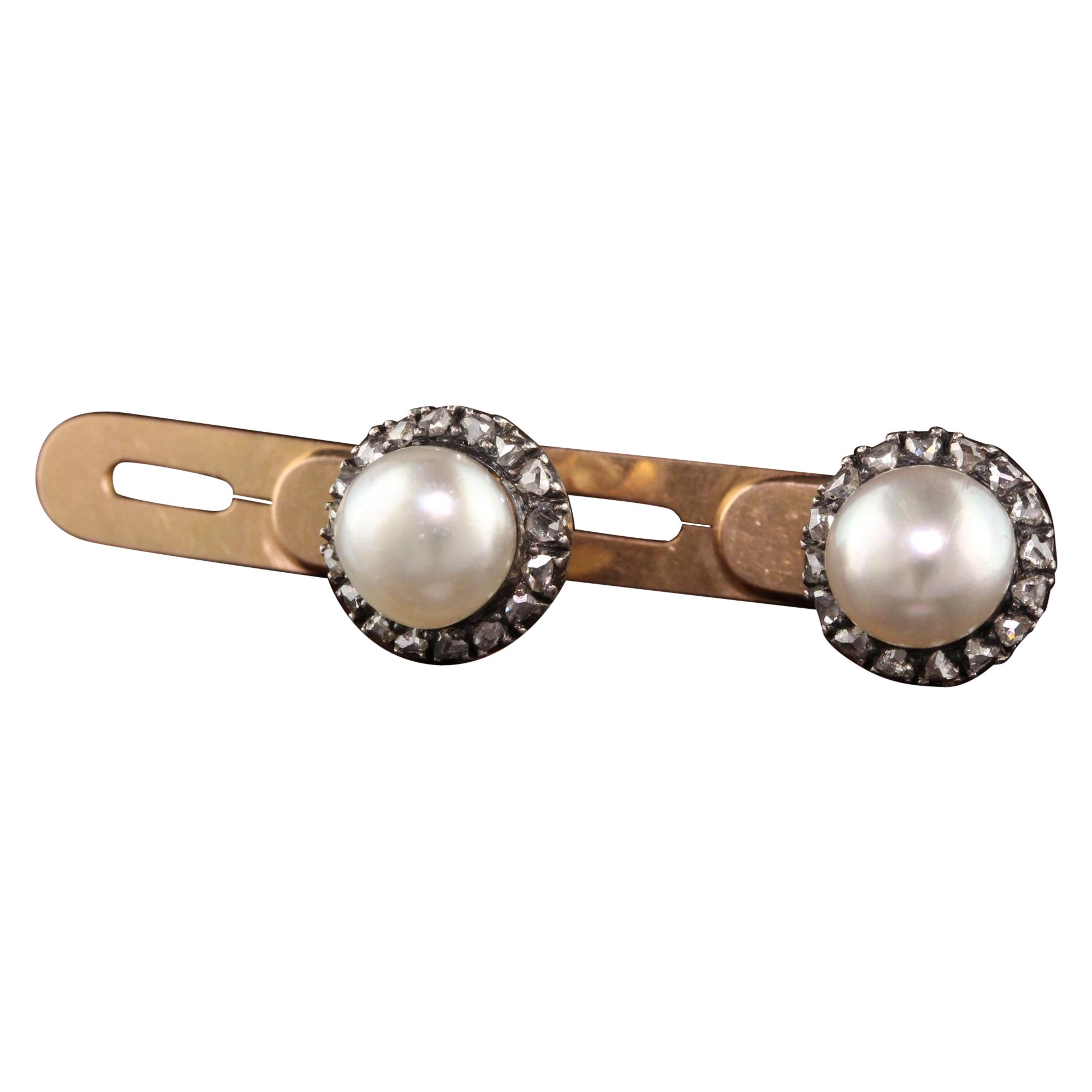 Antique Victorian 18K Yellow Gold Silver Top Natural Pearl and Diamond Cufflinks
