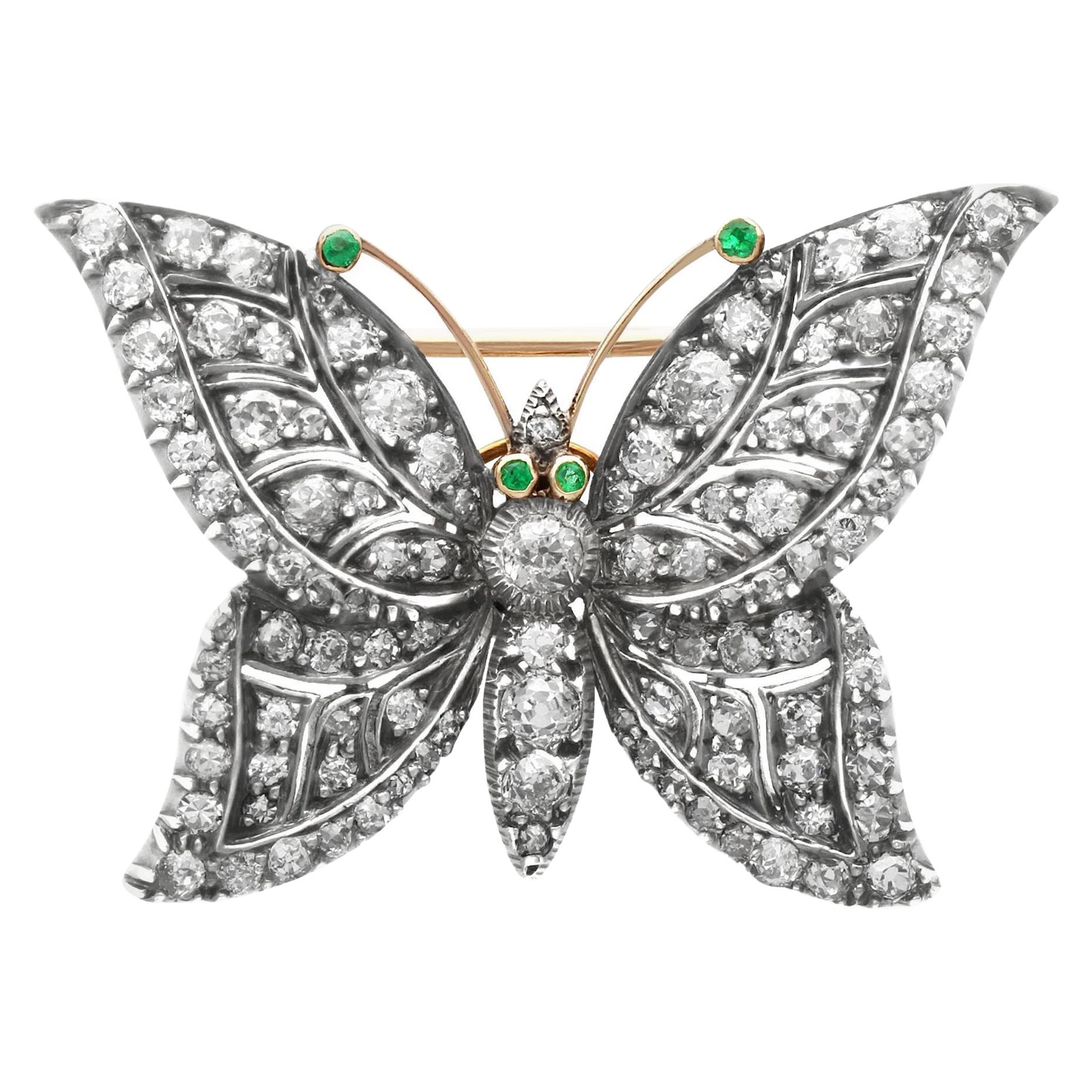 Antique 3.88Ct Diamond and Emerald 9k Yellow Gold Butterfly Brooch, Circa 1910 For Sale