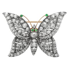 Antique 3.88Ct Diamond and Emerald 9k Yellow Gold Butterfly Brooch, Circa 1910