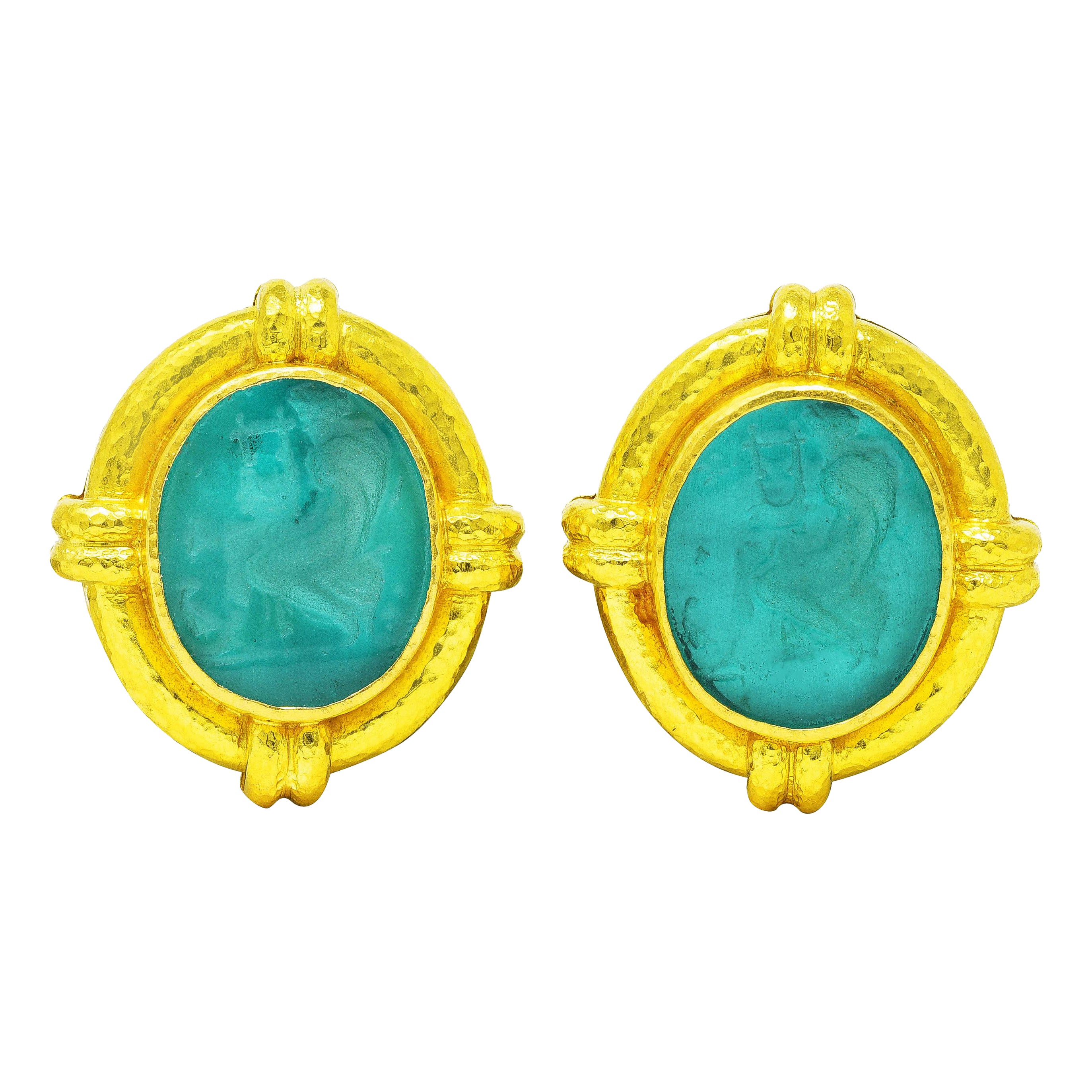 Elizabeth Locke Mother Pearl Venetian Glass 19 Karat Gold Intaglio Earrings