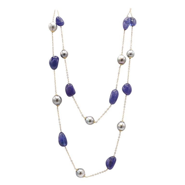 Tanzanite Bead and Pearl 14 Karat Yellow Gold Station Long Necklace For