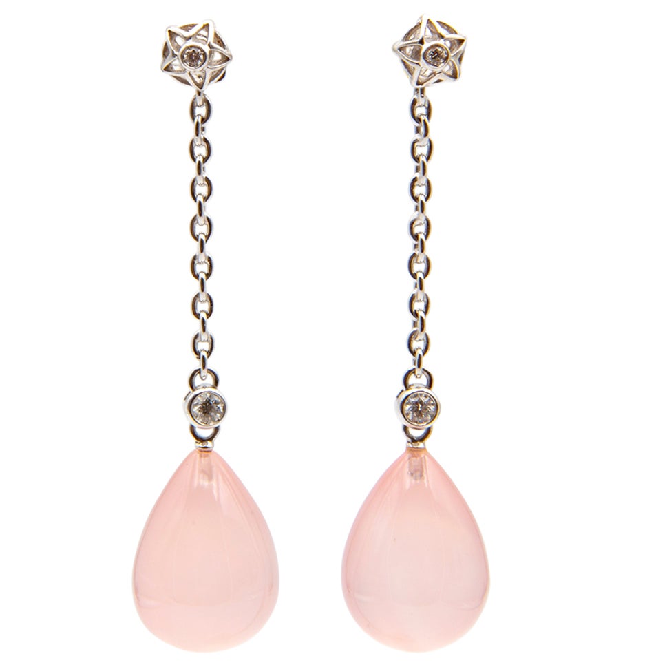 Rose Quartz and Diamonds Gold Pendant Earrings "Stagioni" For Sale