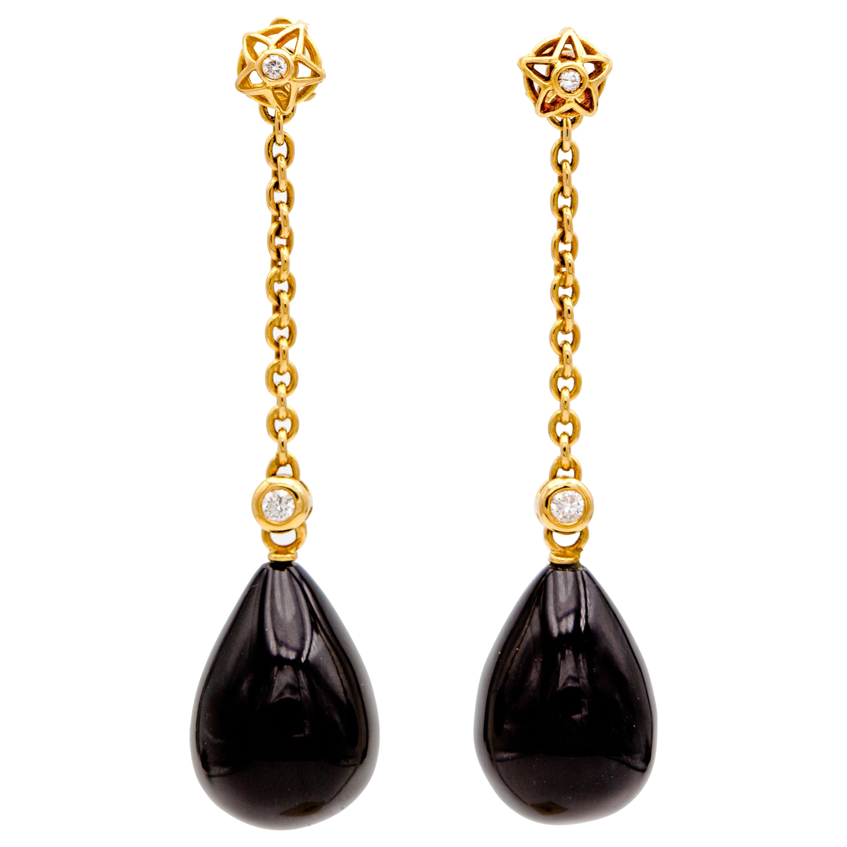 Black Onyx and Diamonds Long Gold Pendant Earrings "Stagioni" For Sale