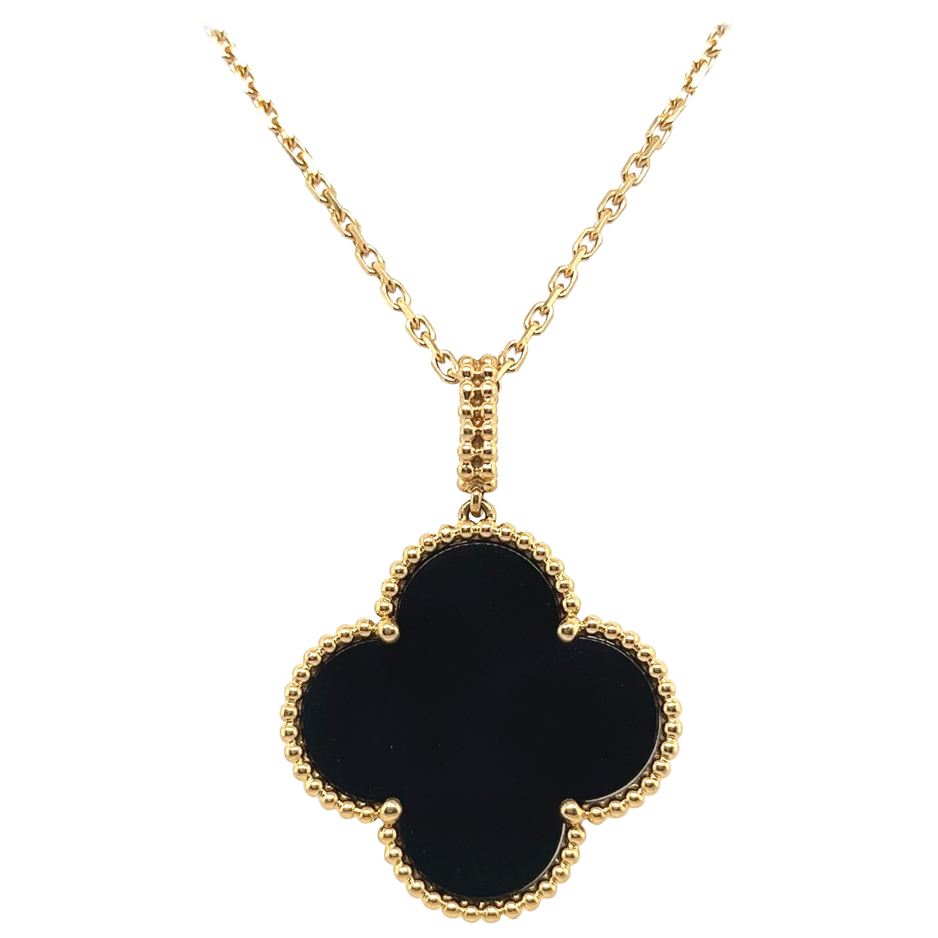 18 Karat Yellow Gold and Onyx Alhambra Pendant with Chain by Van Cleef & Arpels