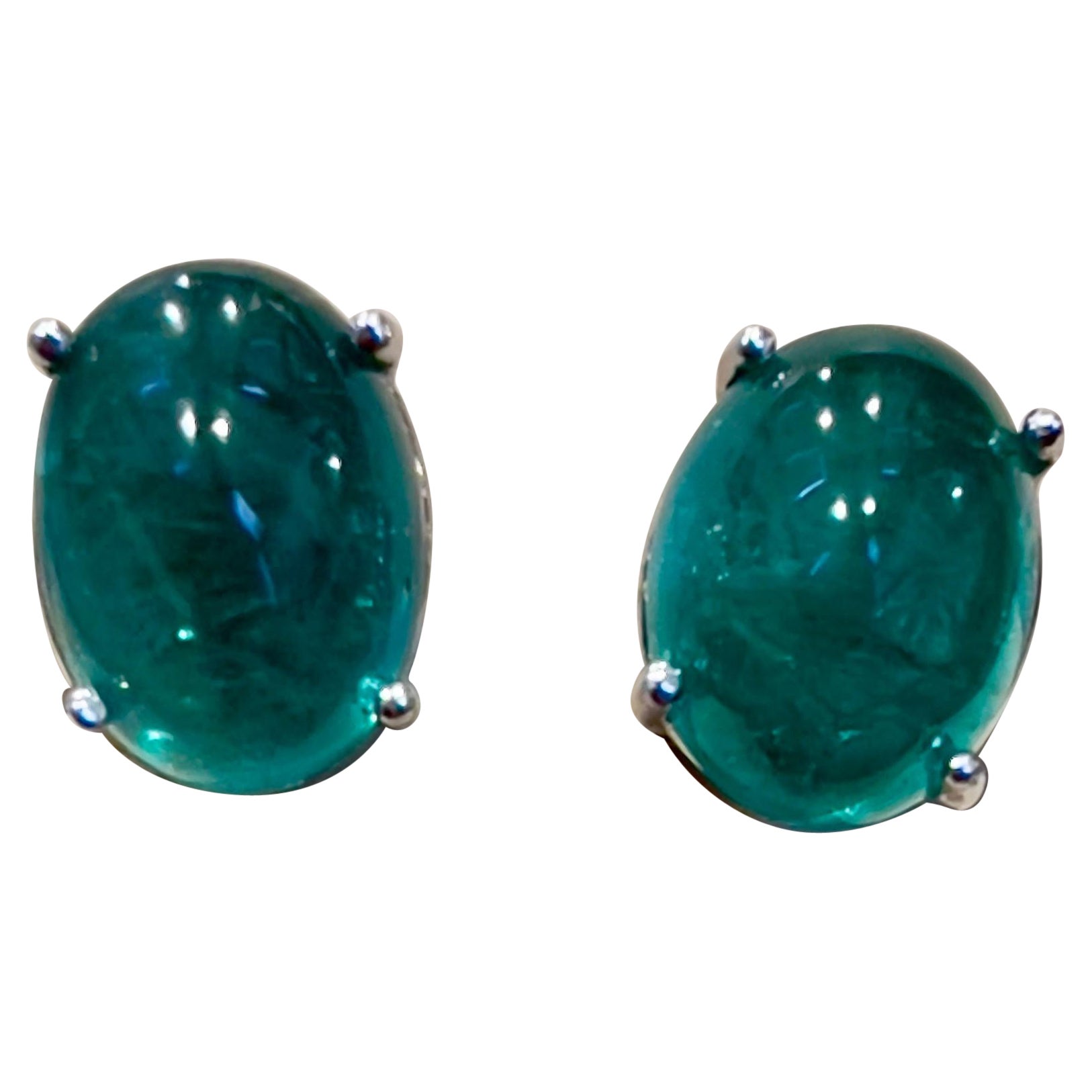 9 Ct Natural Emerald Zambia Cabochon Stud Earring 14 Karat White Gold Push Back