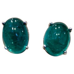 9 Ct Natural Emerald Zambia Cabochon Stud Earring 14 Karat White Gold Push Back