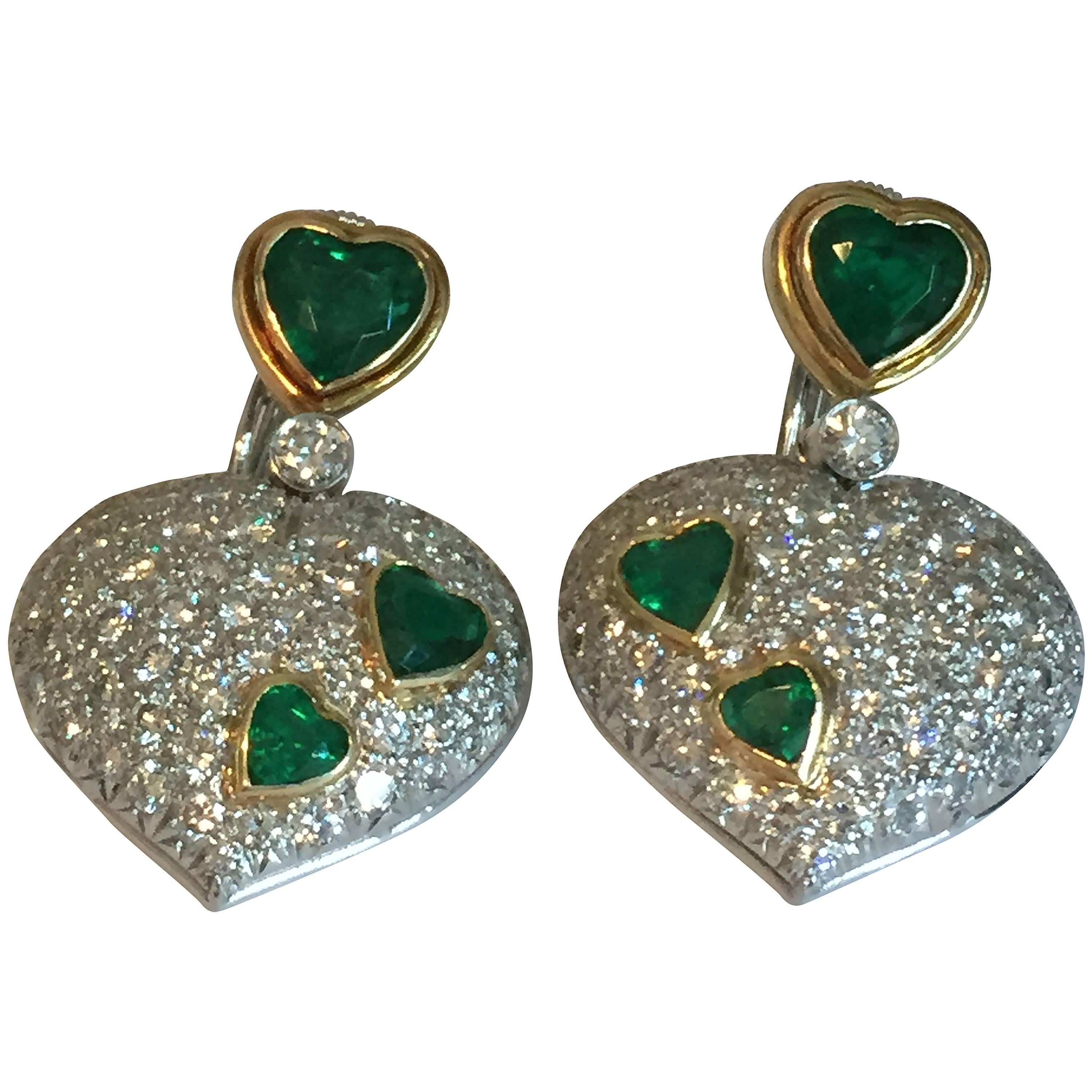Harry Winston Emerald Diamond Two Color Gold Heart Earrings For Sale