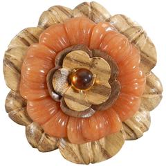 Seaman Schepps Peach Quartz Citrine Wood Gold Flower Brooch
