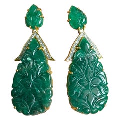 Art-Deco 59.83 Carat Carved Emerald Drop Dangle Earrings