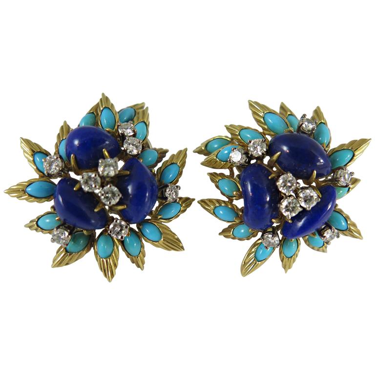 Midcentury French Turquoise Lapis Lazuli Diamond Gold Earrings For Midcentury French Turquoise Lapis Lazuli Diamond Gold Earrings For