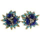 Midcentury French Turquoise Lapis Lazuli Diamond Gold Earrings