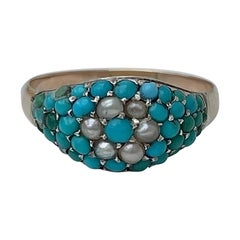 Antique Pearl and Turquoise bombe Yellow Gold Ring