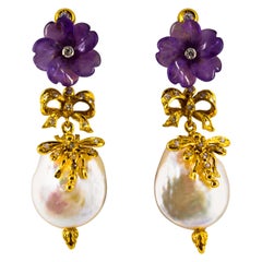 Retro Art Nouveau Style White Diamond Amethyst Pearl Yellow Gold Stud Drop Earrings