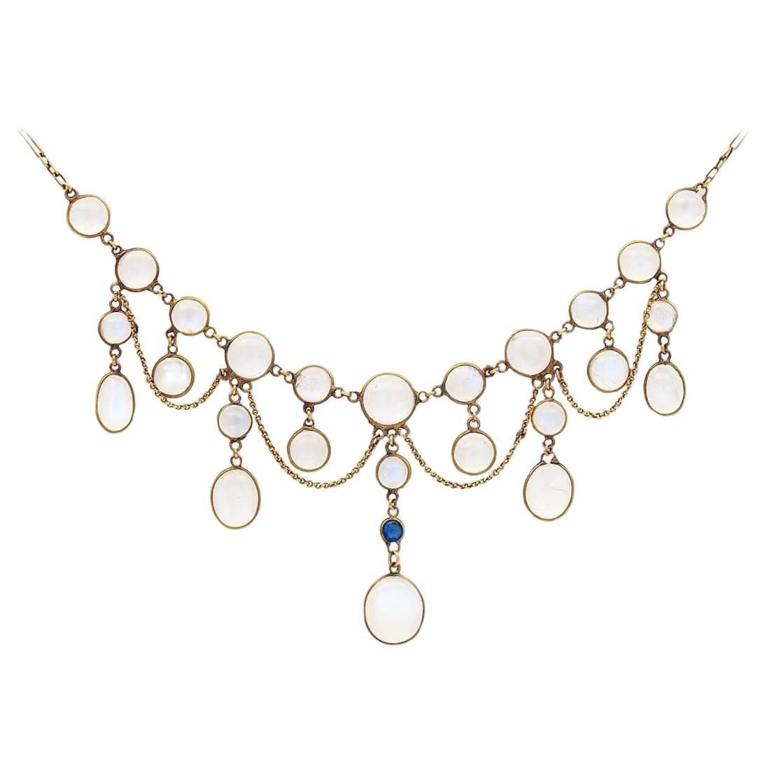 Edwardian Moonstone and Sapphire 9ct Gold Festoon Necklace Circa 1905