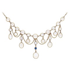 Antique Edwardian Moonstone and Sapphire 9ct Gold Festoon Necklace Circa 1905