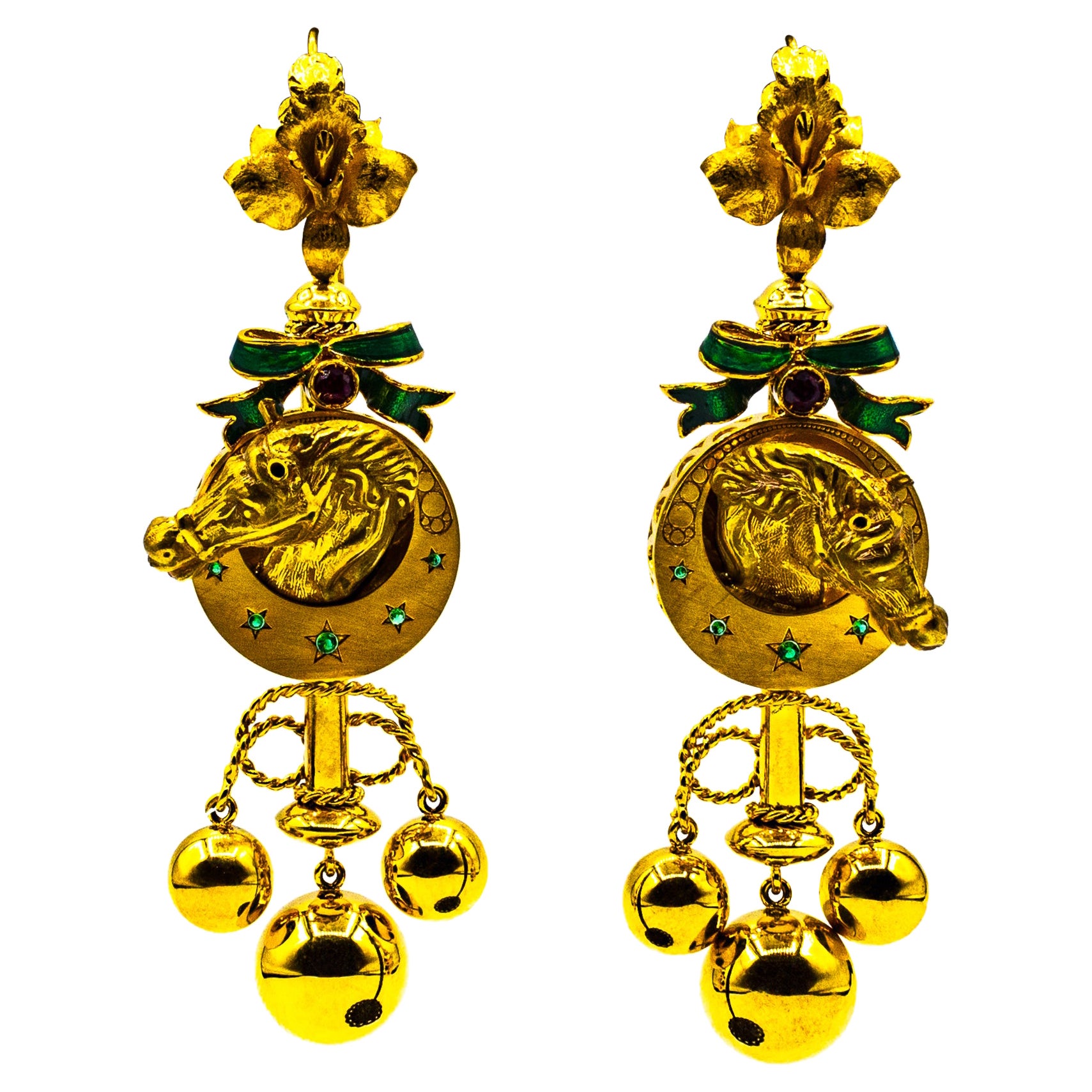 Art Nouveau Style 0.20 Carat Ruby Enamel Yellow Gold Drop "Horses" Earrings For Sale