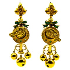 Art Nouveau Style 0.20 Carat Ruby Enamel Yellow Gold Drop "Horses" Earrings