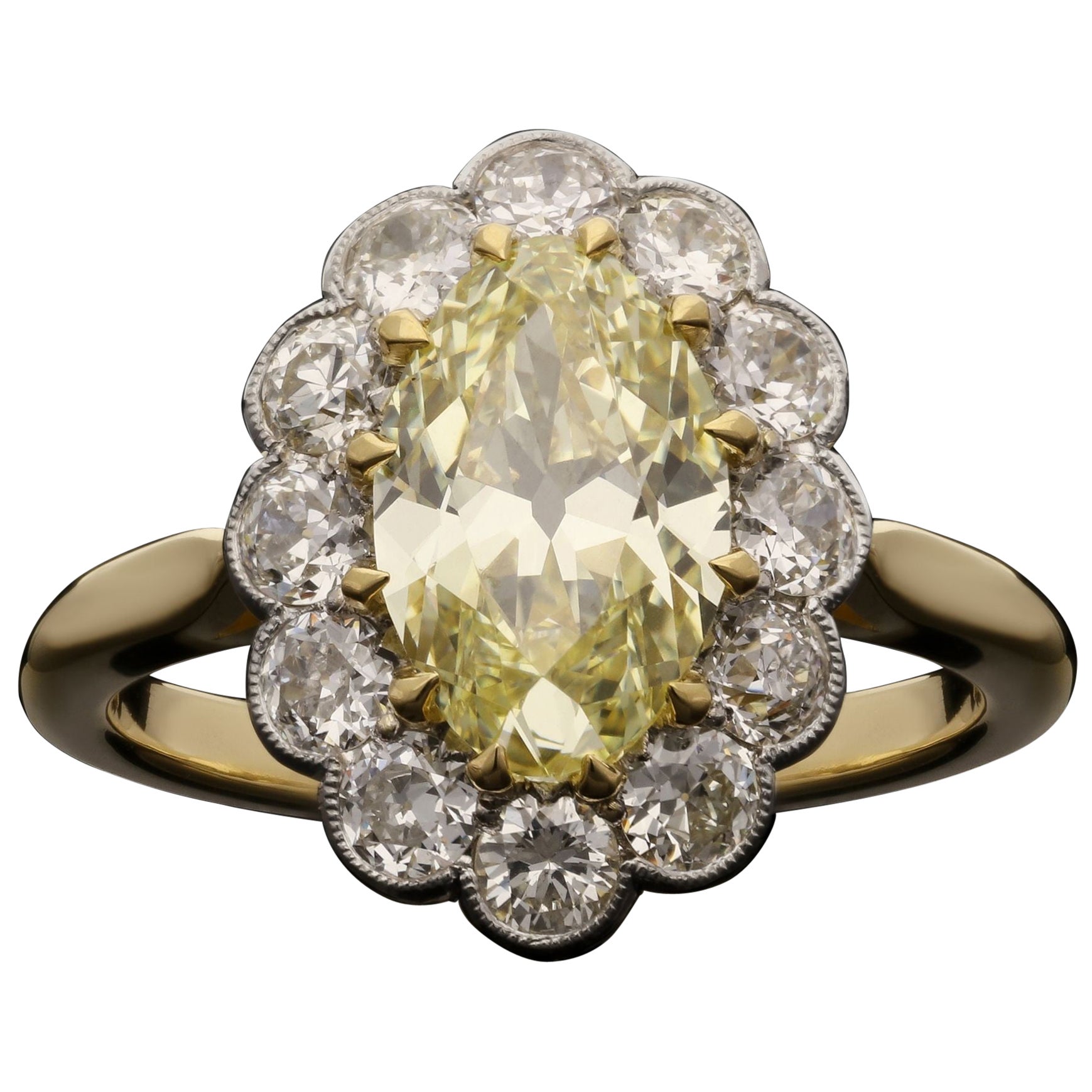 Hancocks 1.83ct Fancy Yellow Moval Diamond Cluster Ring in 18ct Yellow Gold For Sale