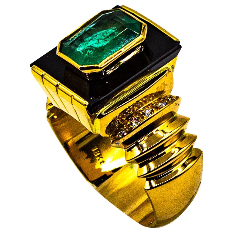 Art Deco Style 2.34 Carat White Diamond Emerald Onyx Yellow Gold Cocktail Ring For Sale