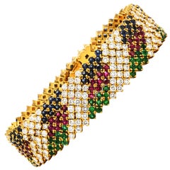 Vintage Retro 3 Diamond Sapphire Ruby Emerald 18K Yellow Gold Stackable Bracelet