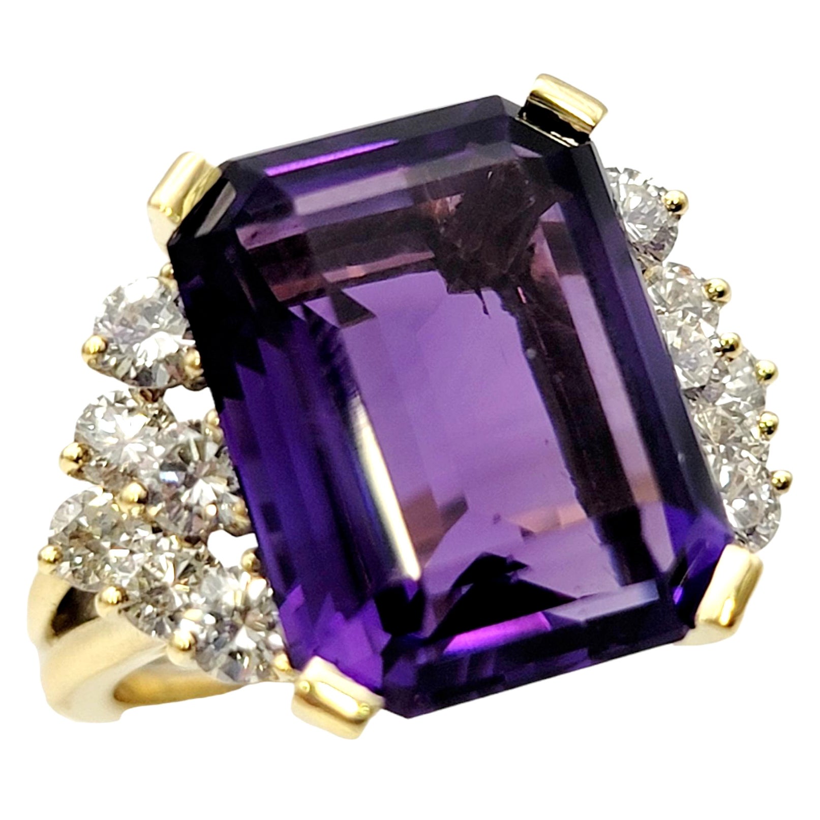 Emerald Cut Amethyst and Diamond Cluster Split Shank Cocktail Ring 18 Karat Gold For Sale