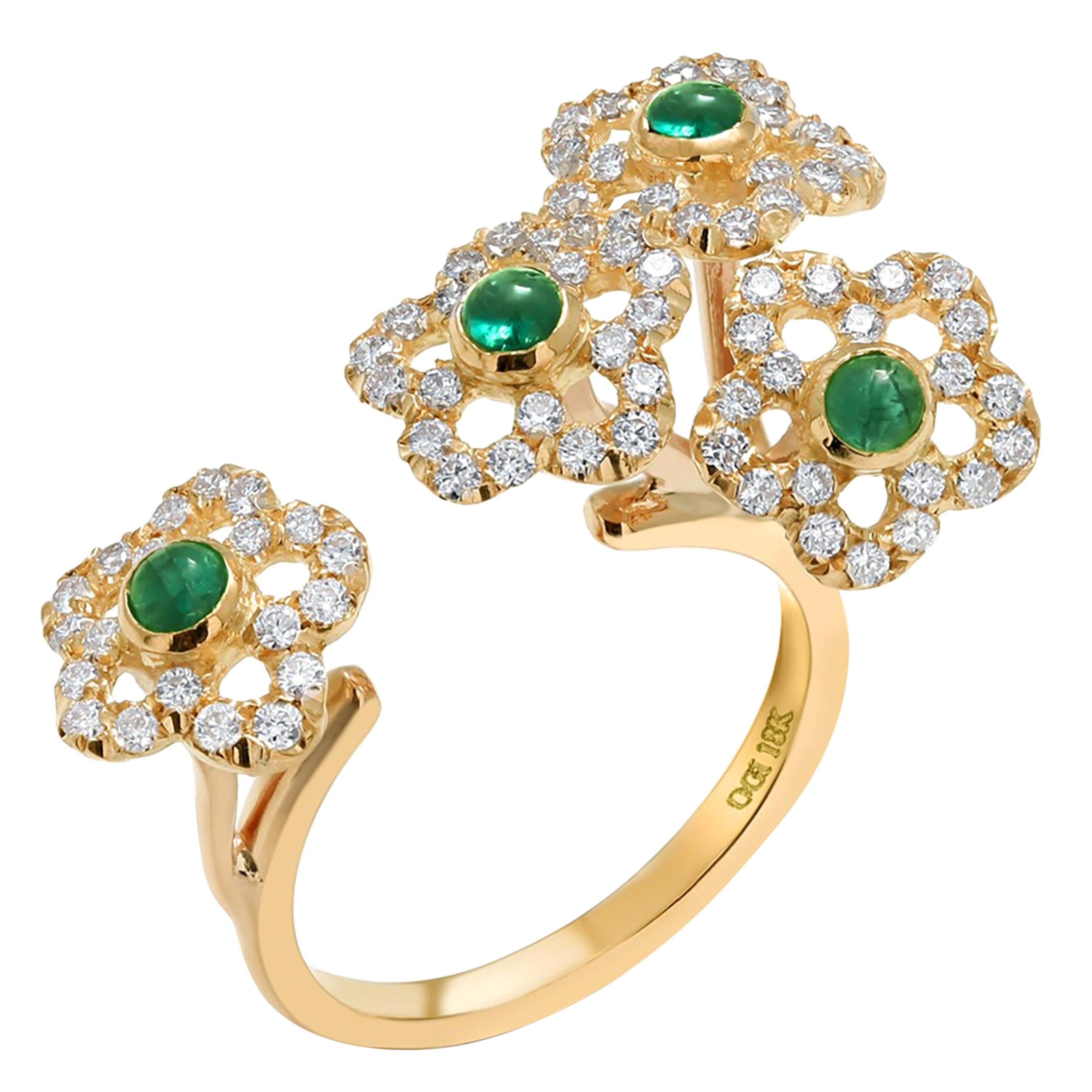 Eighteen Karat Yellow Gold Split Shank Cabochon Emerald and Diamond Cluster Ring