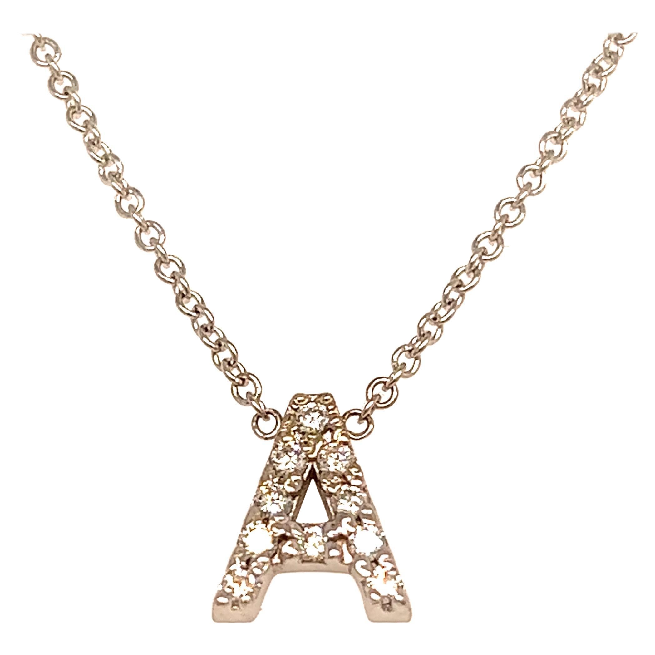 Diamond Letter "A" Pendant Necklace 18" 14k Gold 0.12 TCW Certified For Sale
