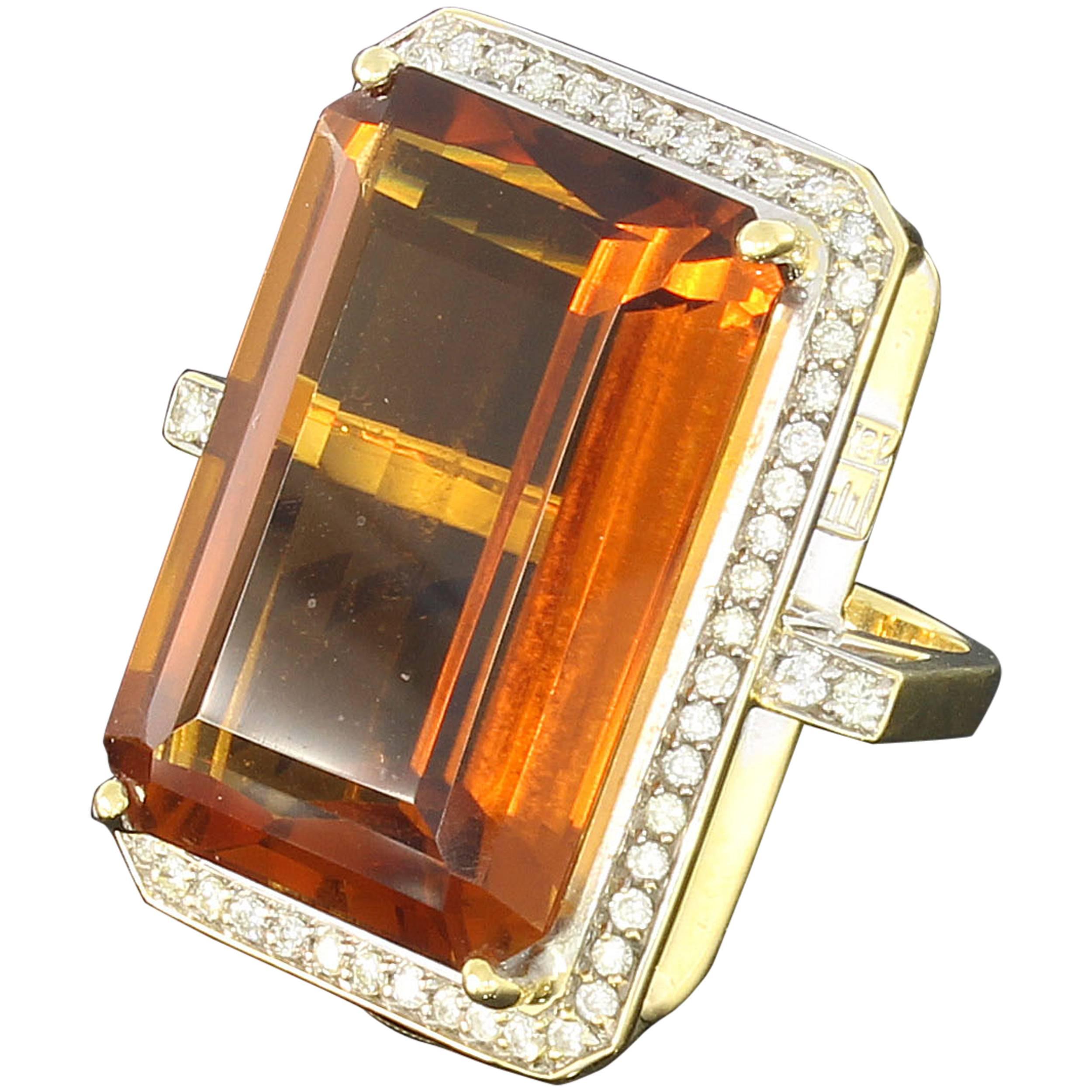 Large Citrine Diamond Gold Ring For Sale