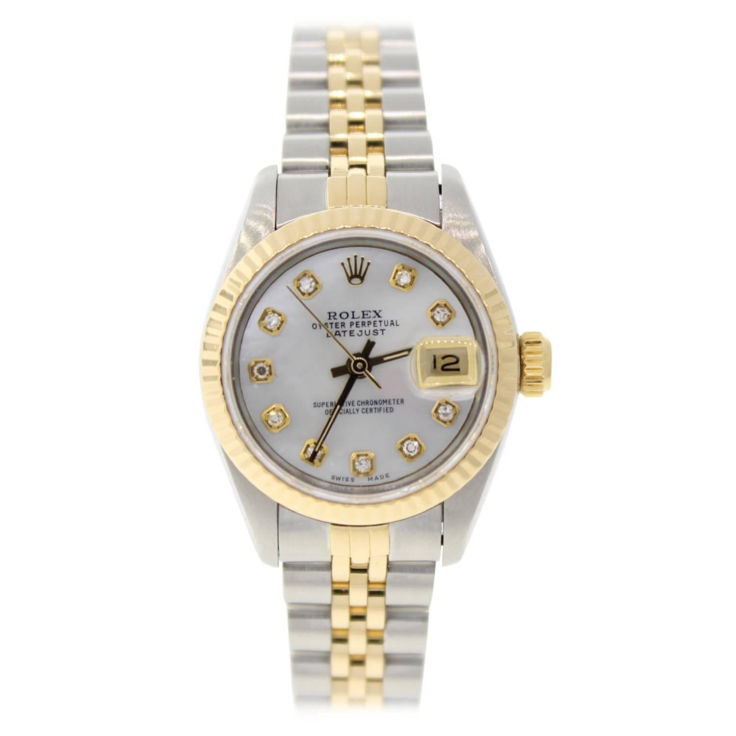 Rolex Lady's Datejust Yellow Gold Stainless Steel Diamond Automatic Wristwatch  For Sale