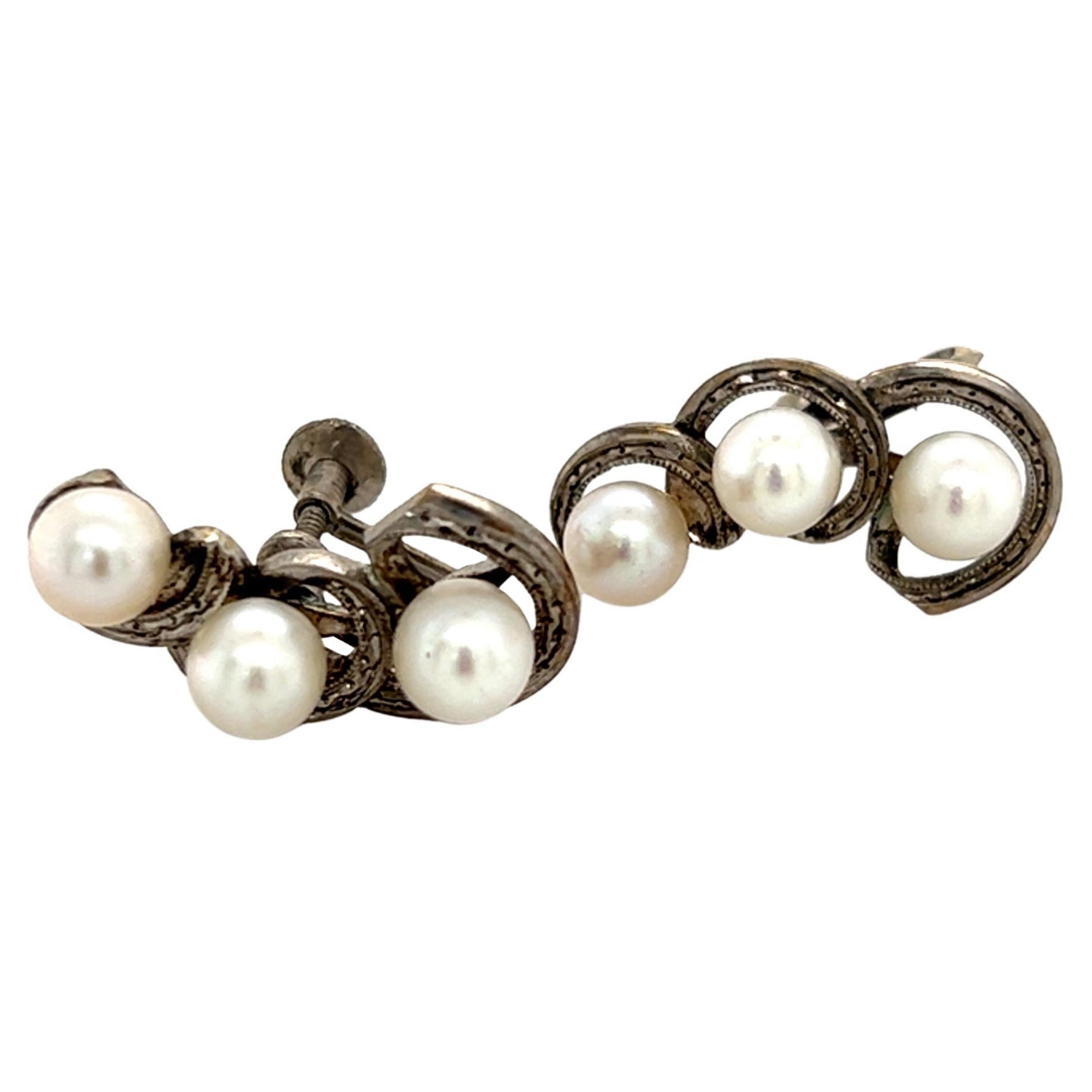 Mikimoto Estate Akoya Pearl Earrings Sterling Silver 5.5 mm 5.1 Grams For Sale