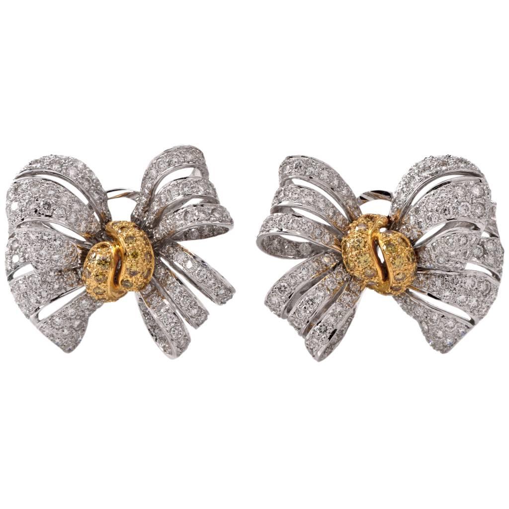 Fancy Diamond Gold Ribbon Bow Earrings at 1stDibs