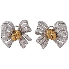 Fancy Diamond Gold Ribbon Bow Earrings