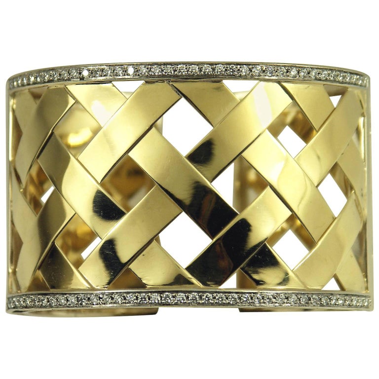 Wide Basket Weave Trellis Style Diamond Gold Hinged Bangle Bracelet For
