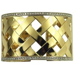 Wide Basket Weave Trellis Style Diamond Gold Hinged Bangle Bracelet 10
