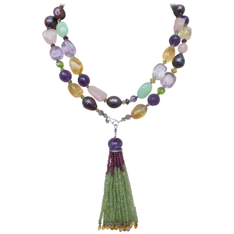 Multigemstone Long Lariat Necklace with Semiprecious Bead Tassel